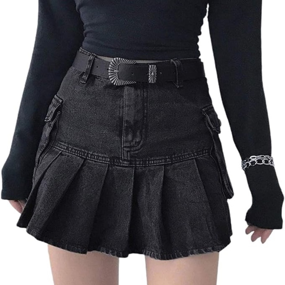 Pleated Black Denim Mini Skirt